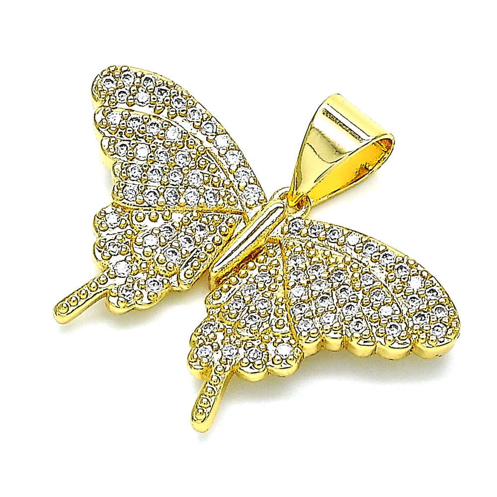 Oro Laminado Fancy Pendant, Gold Filled Style Butterfly Design, with White Micro Pave, Polished, Golden Finish