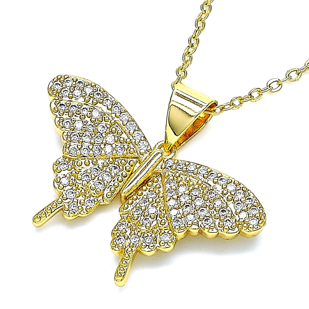 Oro Laminado Fancy Pendant, Gold Filled Style Butterfly Design, with White Micro Pave, Polished, Golden Finish