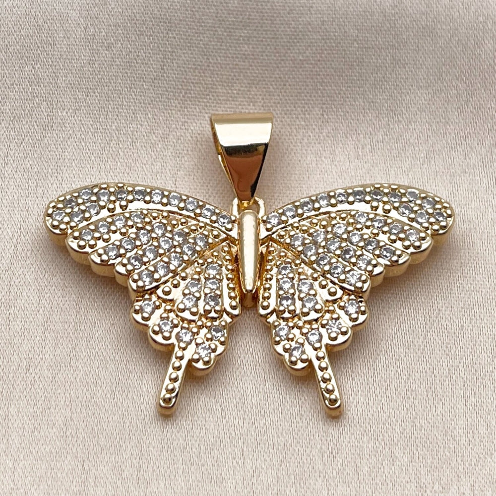 Oro Laminado Fancy Pendant, Gold Filled Style Butterfly Design, with White Micro Pave, Polished, Golden Finish