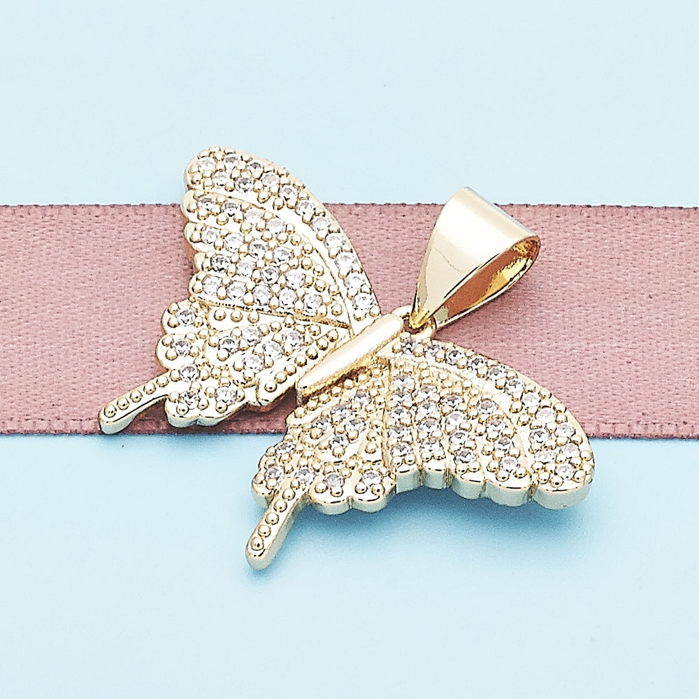 Oro Laminado Fancy Pendant, Gold Filled Style Butterfly Design, with White Micro Pave, Polished, Golden Finish