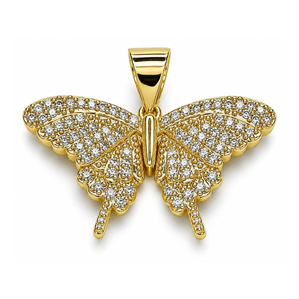 Oro Laminado Fancy Pendant, Gold Filled Style Butterfly Design, with White Micro Pave, Polished, Golden Finish