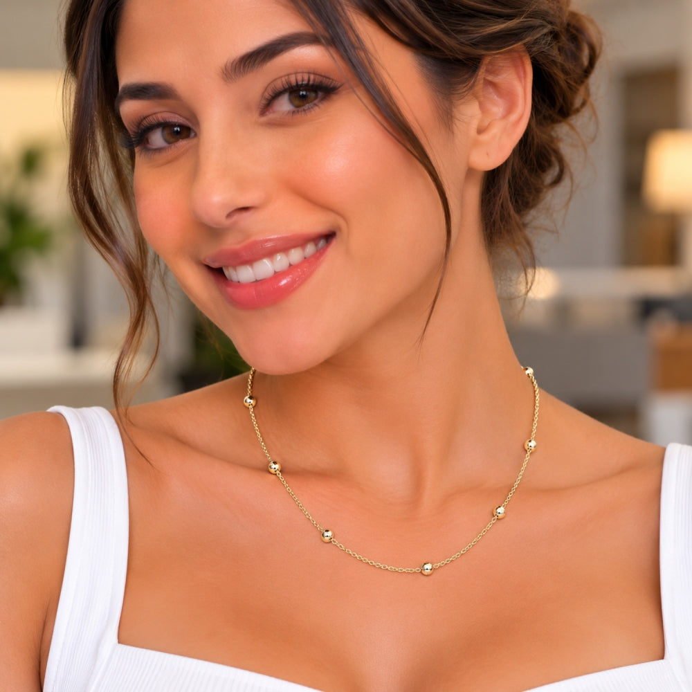 Oro Laminado Basic Necklace, Gold Filled Style Rolo and Ball Design, Polished, Golden Finish