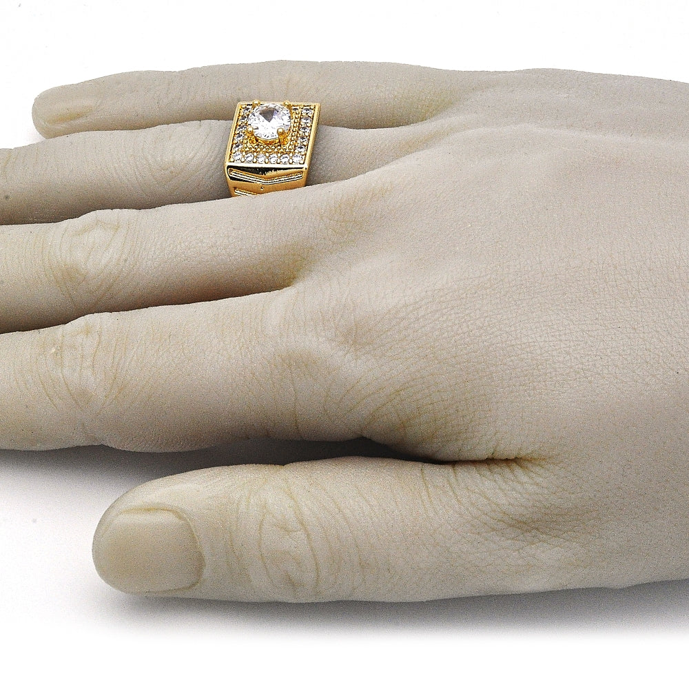 Oro Laminado Mens Ring, Gold Filled Style with White Cubic Zirconia, Polished, Golden Finish