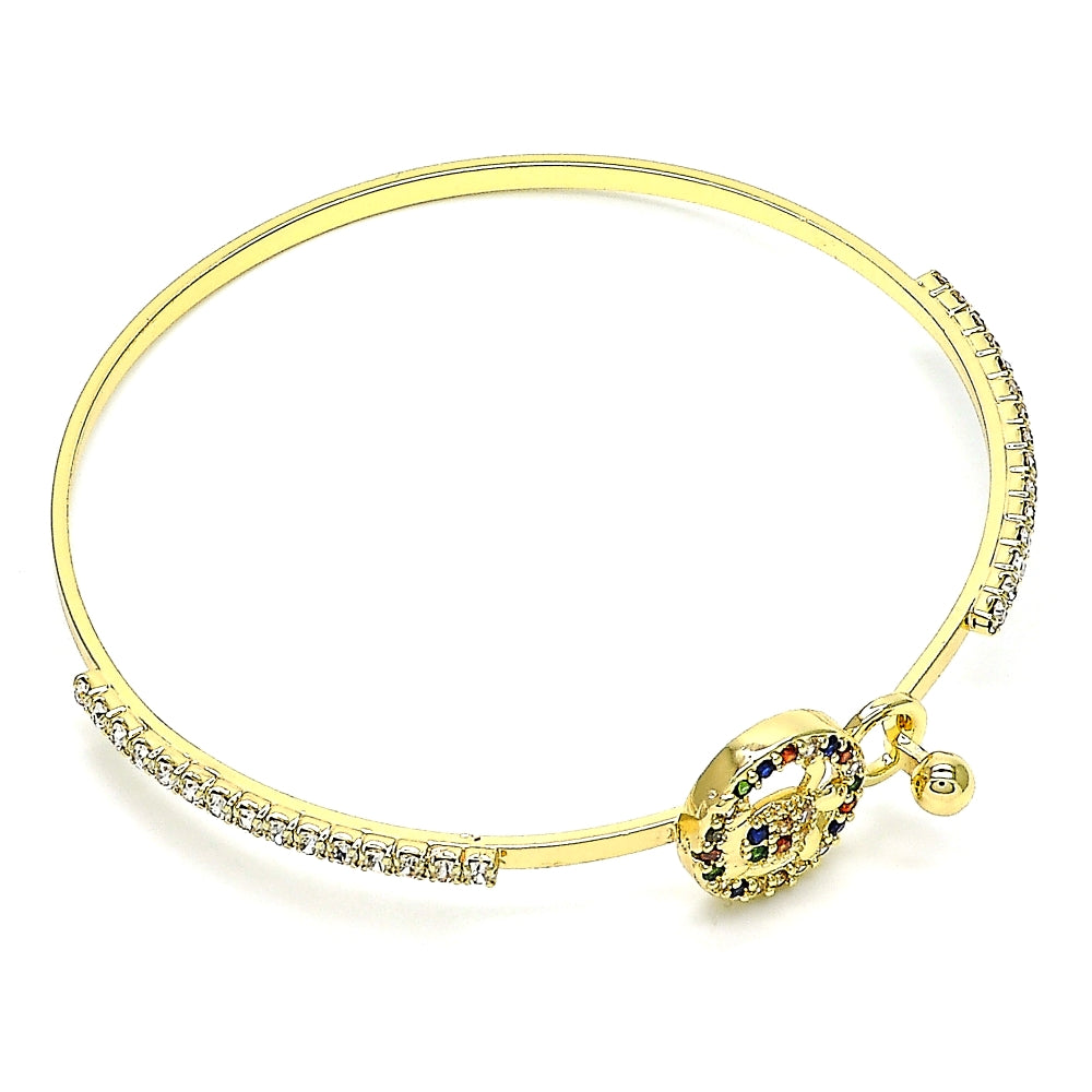 Oro Laminado Individual Bangle, Gold Filled Style Turtle Design, with Multicolor Micro Pave and White Crystal, Polished, Golden Finish