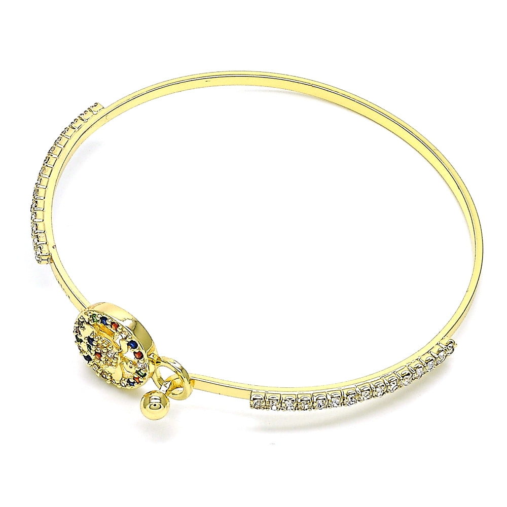 Oro Laminado Individual Bangle, Gold Filled Style Turtle Design, with Multicolor Micro Pave and White Crystal, Polished, Golden Finish