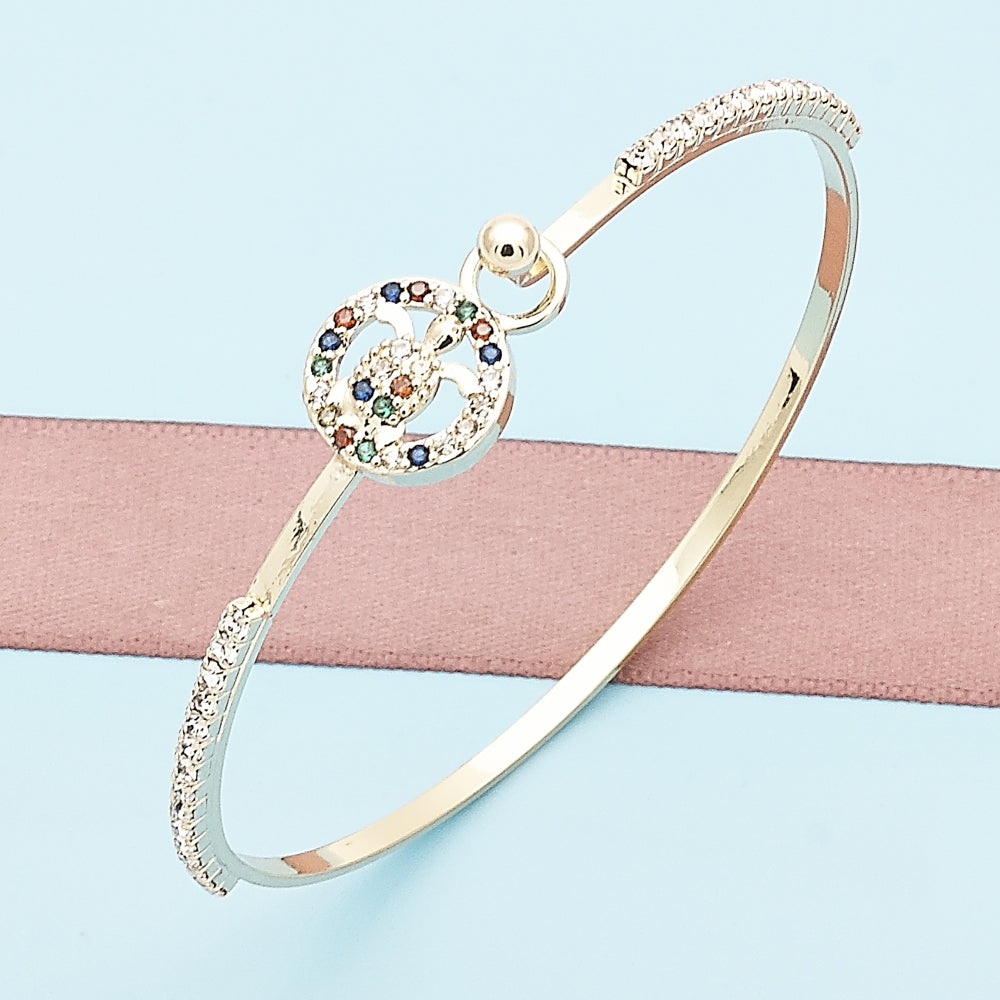 Oro Laminado Individual Bangle, Gold Filled Style Turtle Design, with Multicolor Micro Pave and White Crystal, Polished, Golden Finish