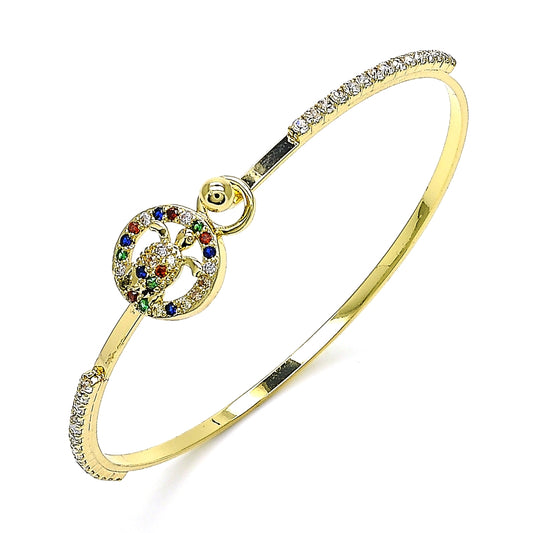 Oro Laminado Individual Bangle, Gold Filled Style Turtle Design, with Multicolor Micro Pave and White Crystal, Polished, Golden Finish