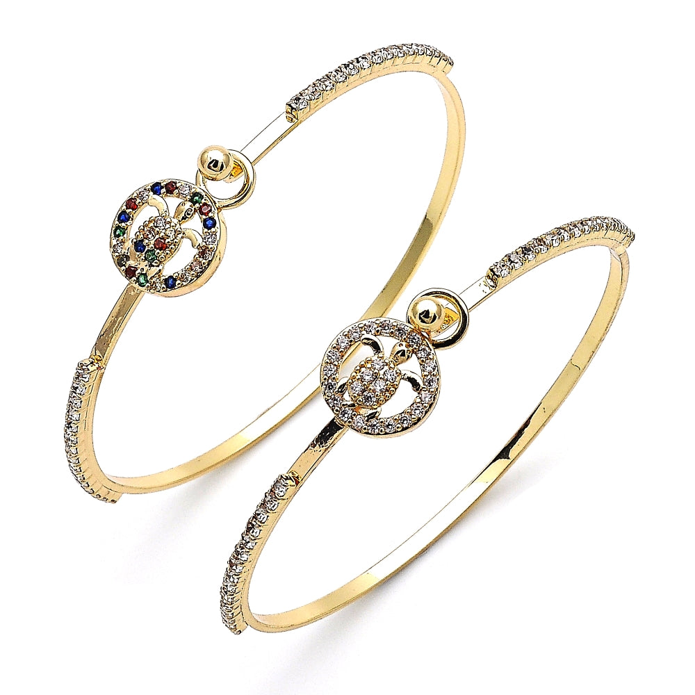 Oro Laminado Individual Bangle, Gold Filled Style Turtle Design, with Multicolor Micro Pave and White Crystal, Polished, Golden Finish