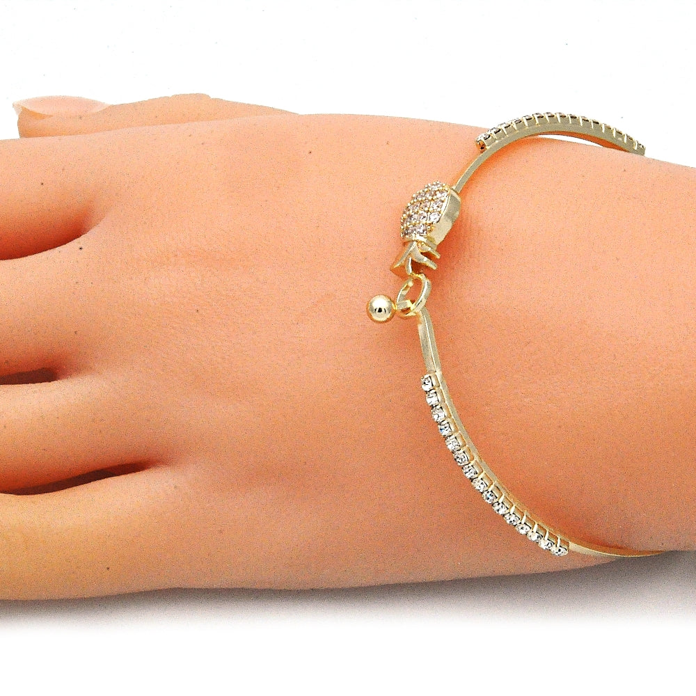 Oro Laminado Individual Bangle, Gold Filled Style Pineapple Design, with White Micro Pave and White Crystal, Polished, Golden Finish