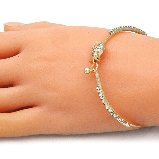 Oro Laminado Individual Bangle, Gold Filled Style Pineapple Design, with White Micro Pave and White Crystal, Polished, Golden Finish