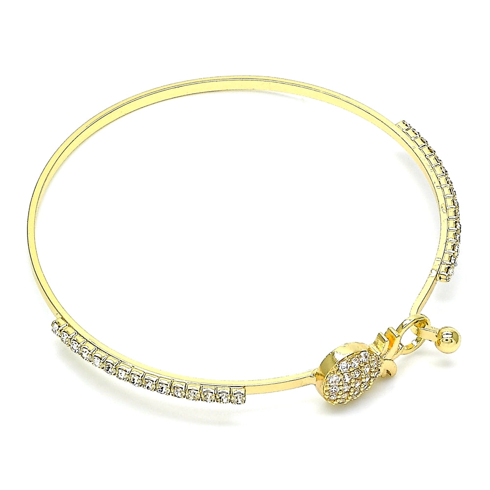 Oro Laminado Individual Bangle, Gold Filled Style Pineapple Design, with White Micro Pave and White Crystal, Polished, Golden Finish