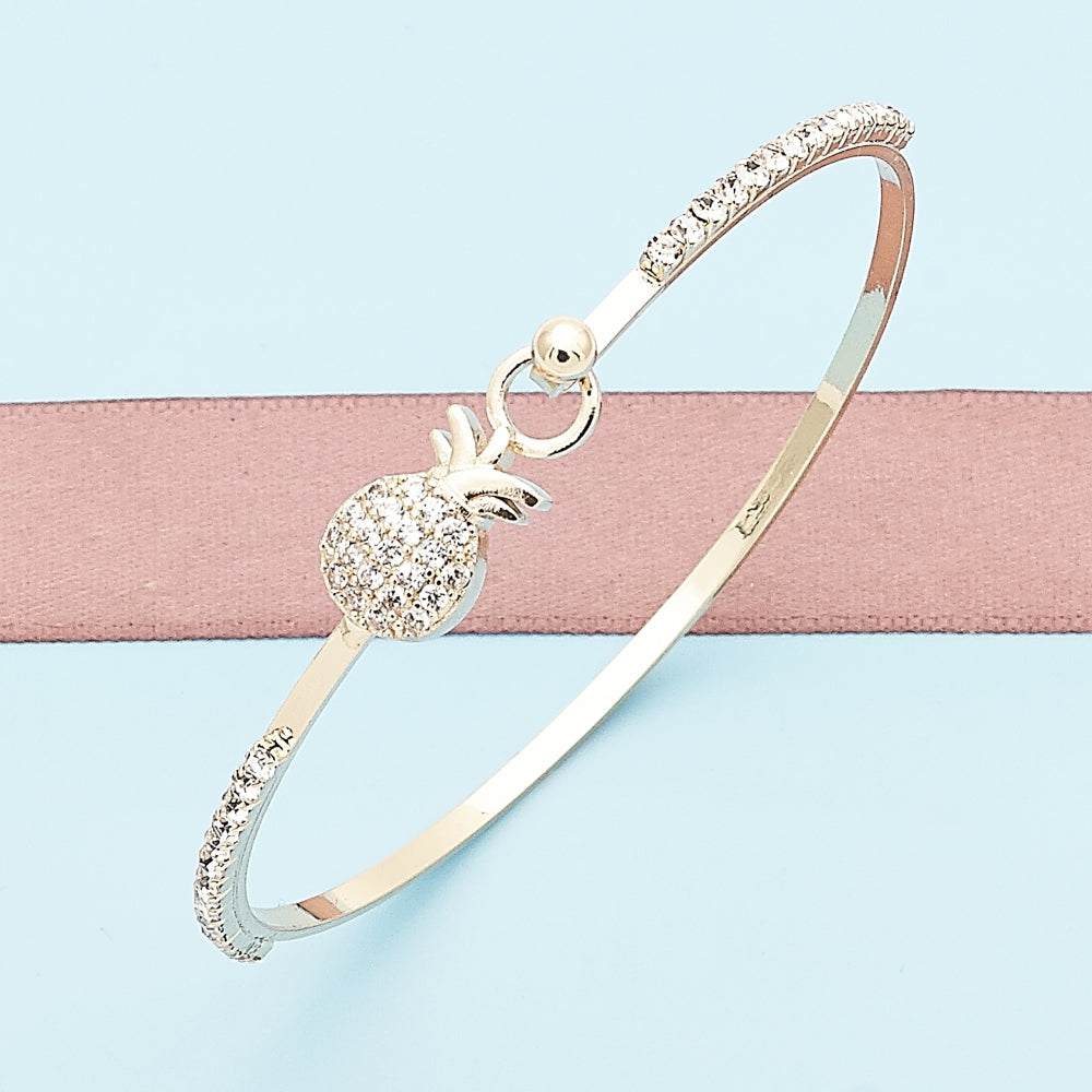 Oro Laminado Individual Bangle, Gold Filled Style Pineapple Design, with White Micro Pave and White Crystal, Polished, Golden Finish