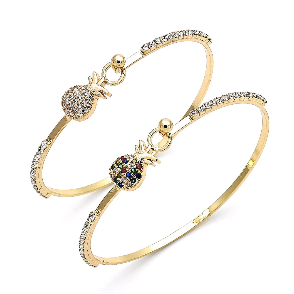 Oro Laminado Individual Bangle, Gold Filled Style Pineapple Design, with White Micro Pave and White Crystal, Polished, Golden Finish