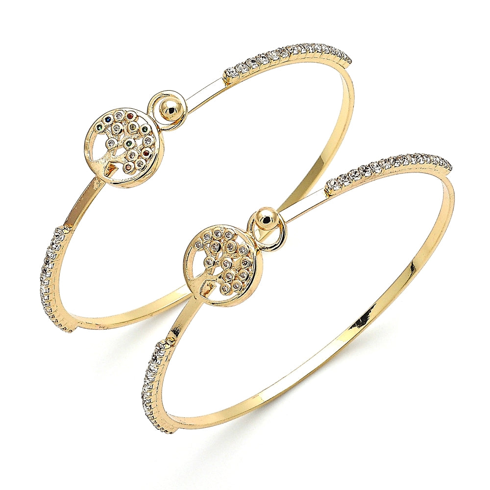 Oro Laminado Individual Bangle, Gold Filled Style Tree Design, with White Micro Pave and White Crystal, Polished, Golden Finish