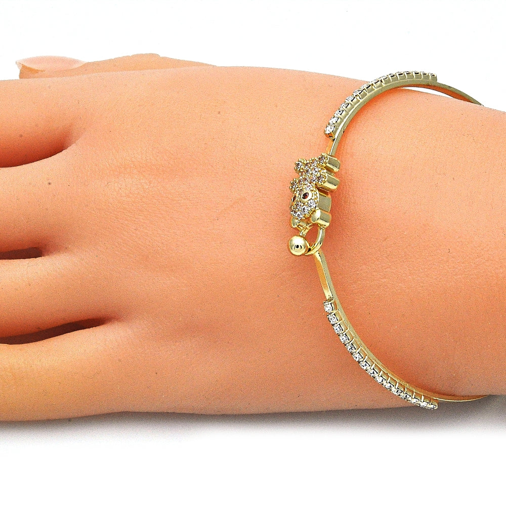Oro Laminado Individual Bangle, Gold Filled Style Teddy Bear Design, with White and Garnet Micro Pave, Polished, Golden Finish