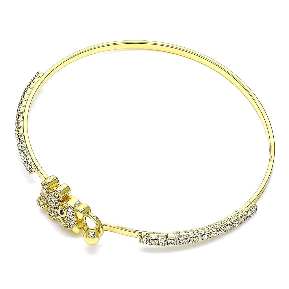 Oro Laminado Individual Bangle, Gold Filled Style Teddy Bear Design, with White and Garnet Micro Pave, Polished, Golden Finish