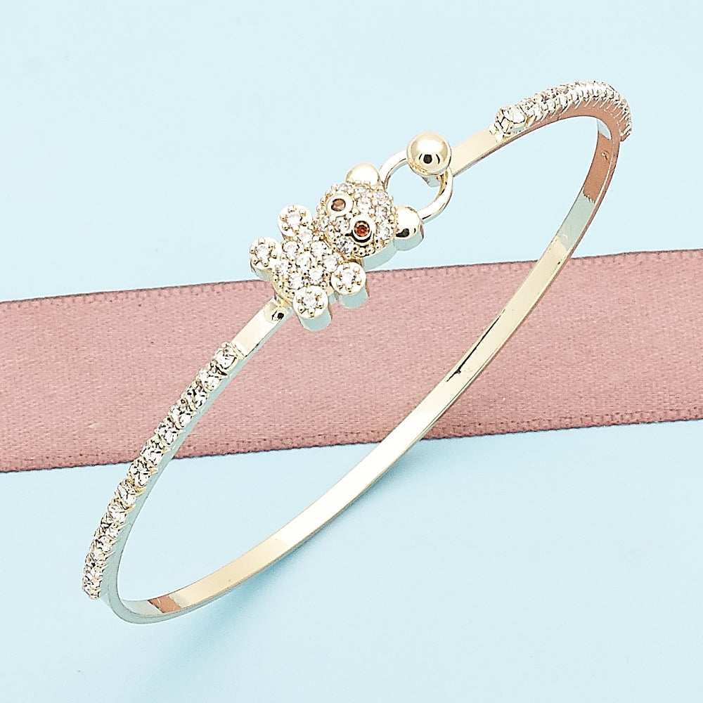 Oro Laminado Individual Bangle, Gold Filled Style Teddy Bear Design, with White and Garnet Micro Pave, Polished, Golden Finish