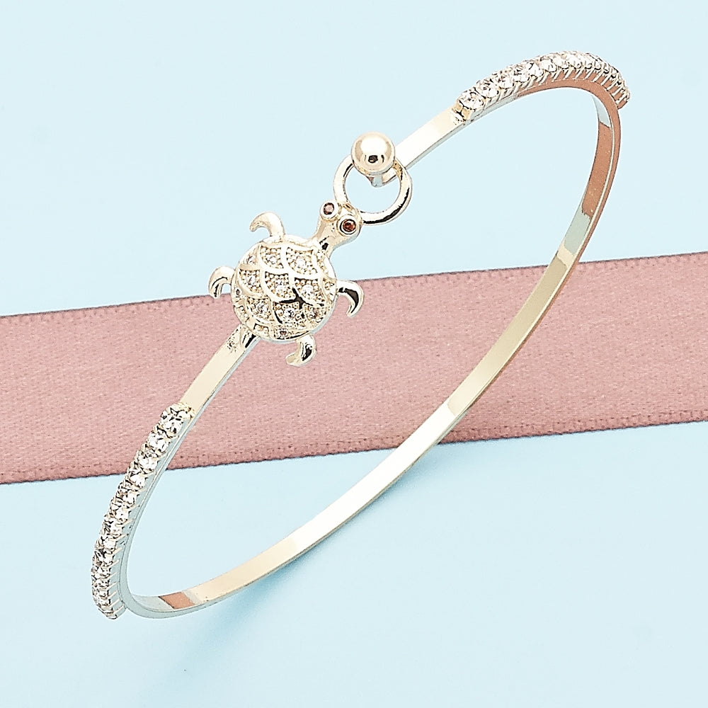 Oro Laminado Individual Bangle, Gold Filled Style Turtle Design, with White and Garnet Micro Pave, Polished, Golden Finish