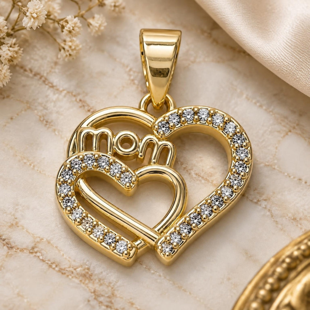 Oro Laminado Fancy Pendant, Gold Filled Style Mom and Heart Design, with White Micro Pave, Polished, Golden Finish