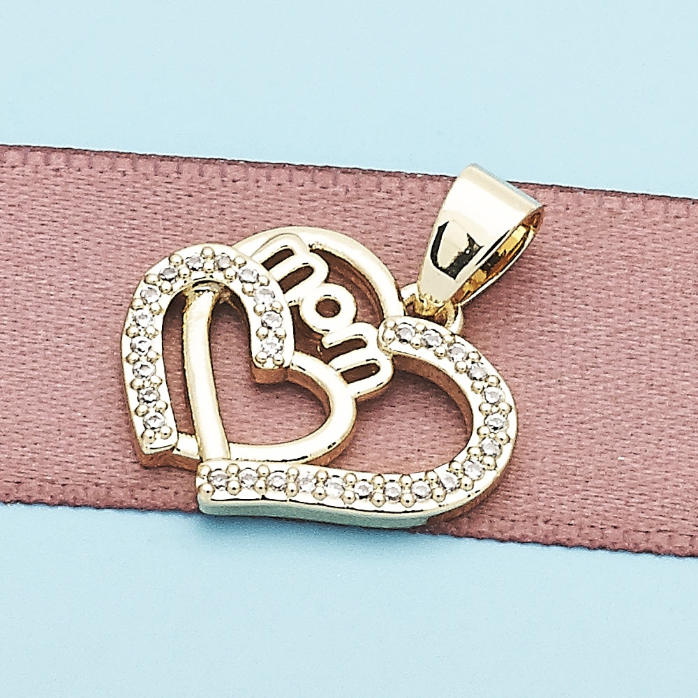 Oro Laminado Fancy Pendant, Gold Filled Style Mom and Heart Design, with White Micro Pave, Polished, Golden Finish