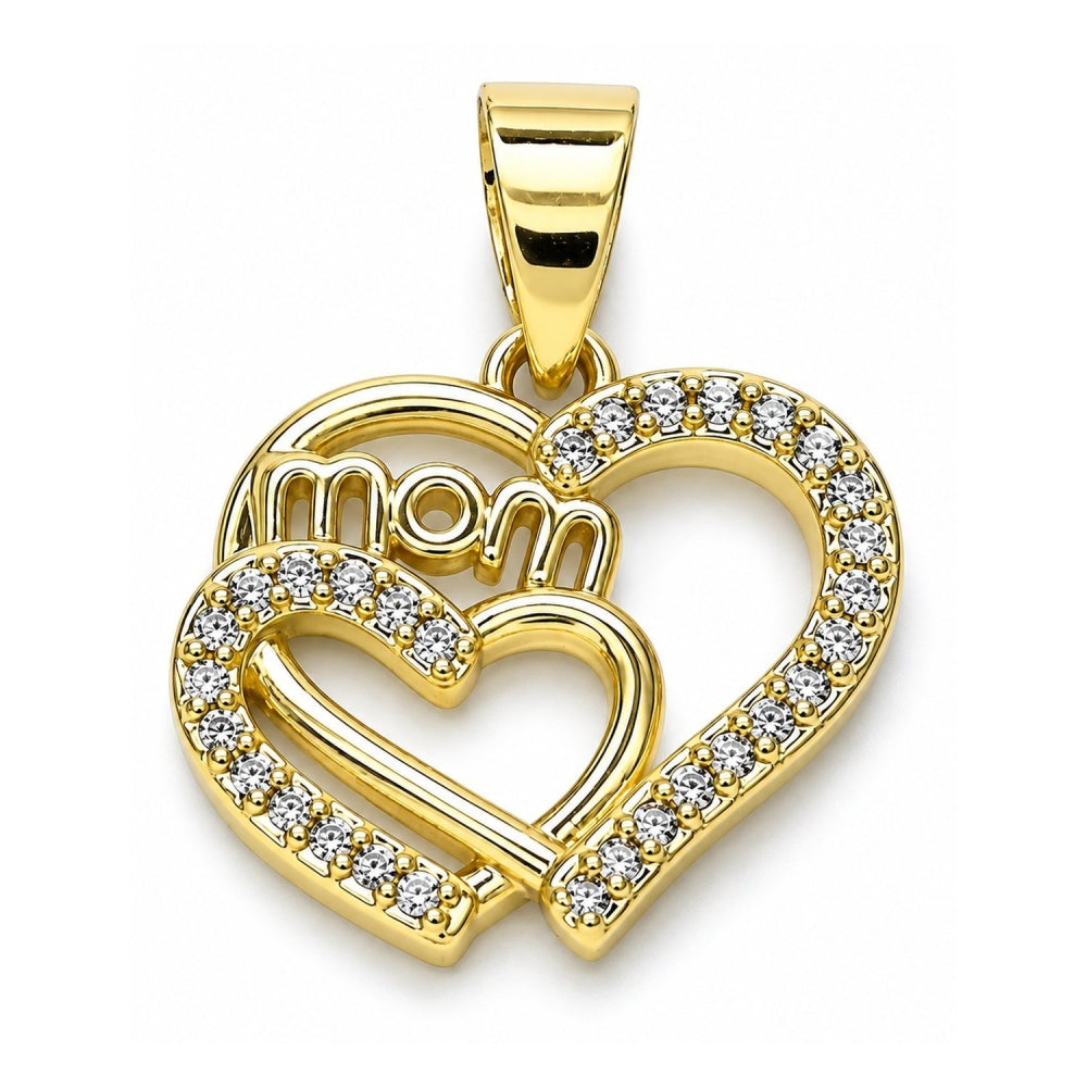 Oro Laminado Fancy Pendant, Gold Filled Style Mom and Heart Design, with White Micro Pave, Polished, Golden Finish