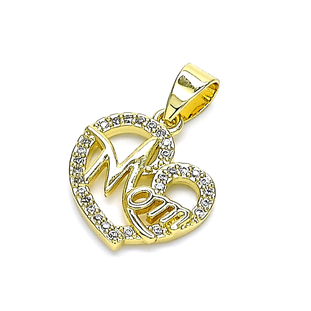 Oro Laminado Fancy Pendant, Gold Filled Style Mom and Heart Design, with White Micro Pave, Polished, Golden Finish