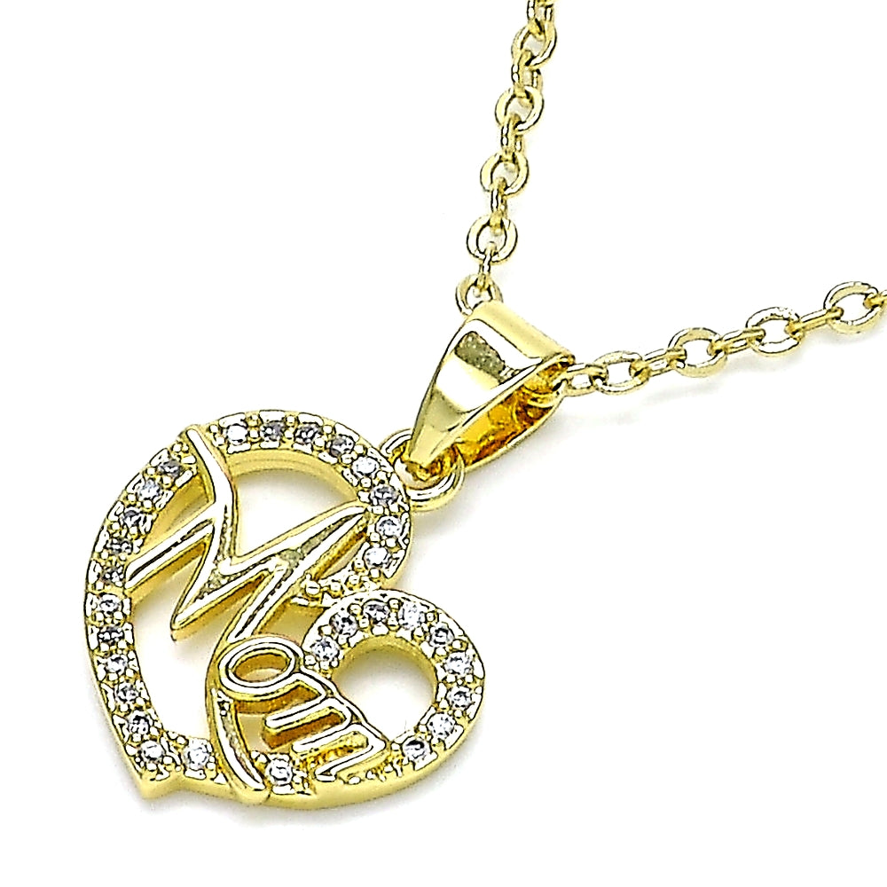 Oro Laminado Fancy Pendant, Gold Filled Style Mom and Heart Design, with White Micro Pave, Polished, Golden Finish