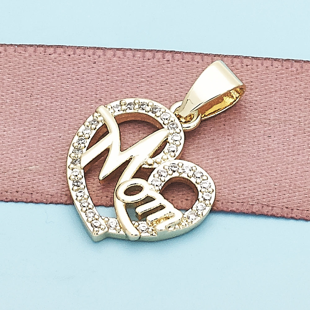 Oro Laminado Fancy Pendant, Gold Filled Style Mom and Heart Design, with White Micro Pave, Polished, Golden Finish