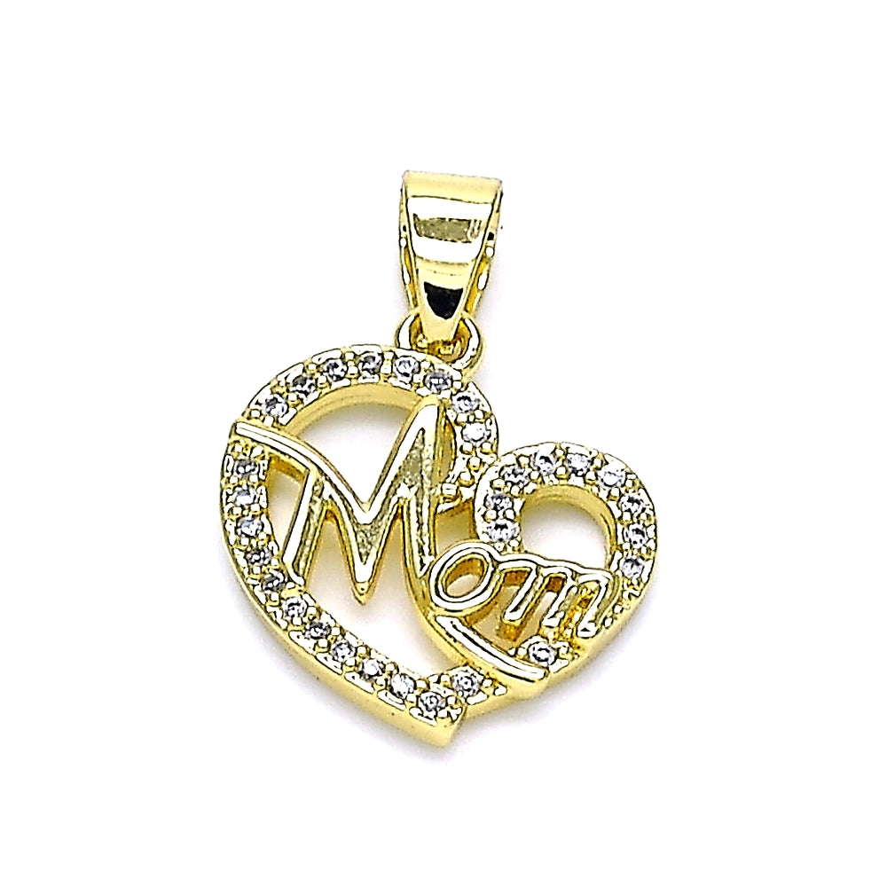 Oro Laminado Fancy Pendant, Gold Filled Style Mom and Heart Design, with White Micro Pave, Polished, Golden Finish