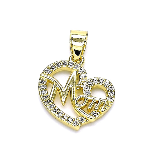Oro Laminado Fancy Pendant, Gold Filled Style Mom and Heart Design, with White Micro Pave, Polished, Golden Finish