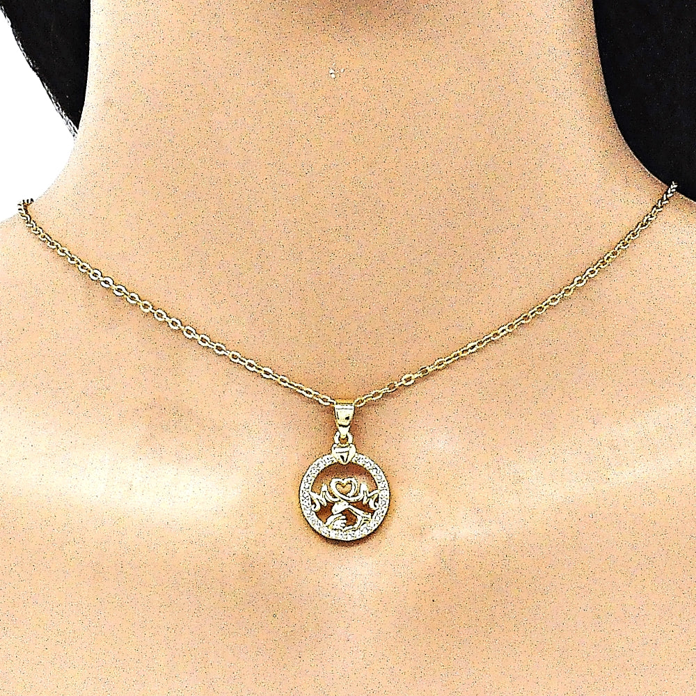 Oro Laminado Fancy Pendant, Gold Filled Style Mom and Heart Design, with White Micro Pave, Polished, Golden Finish
