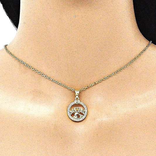 Oro Laminado Fancy Pendant, Gold Filled Style Mom and Heart Design, with White Micro Pave, Polished, Golden Finish