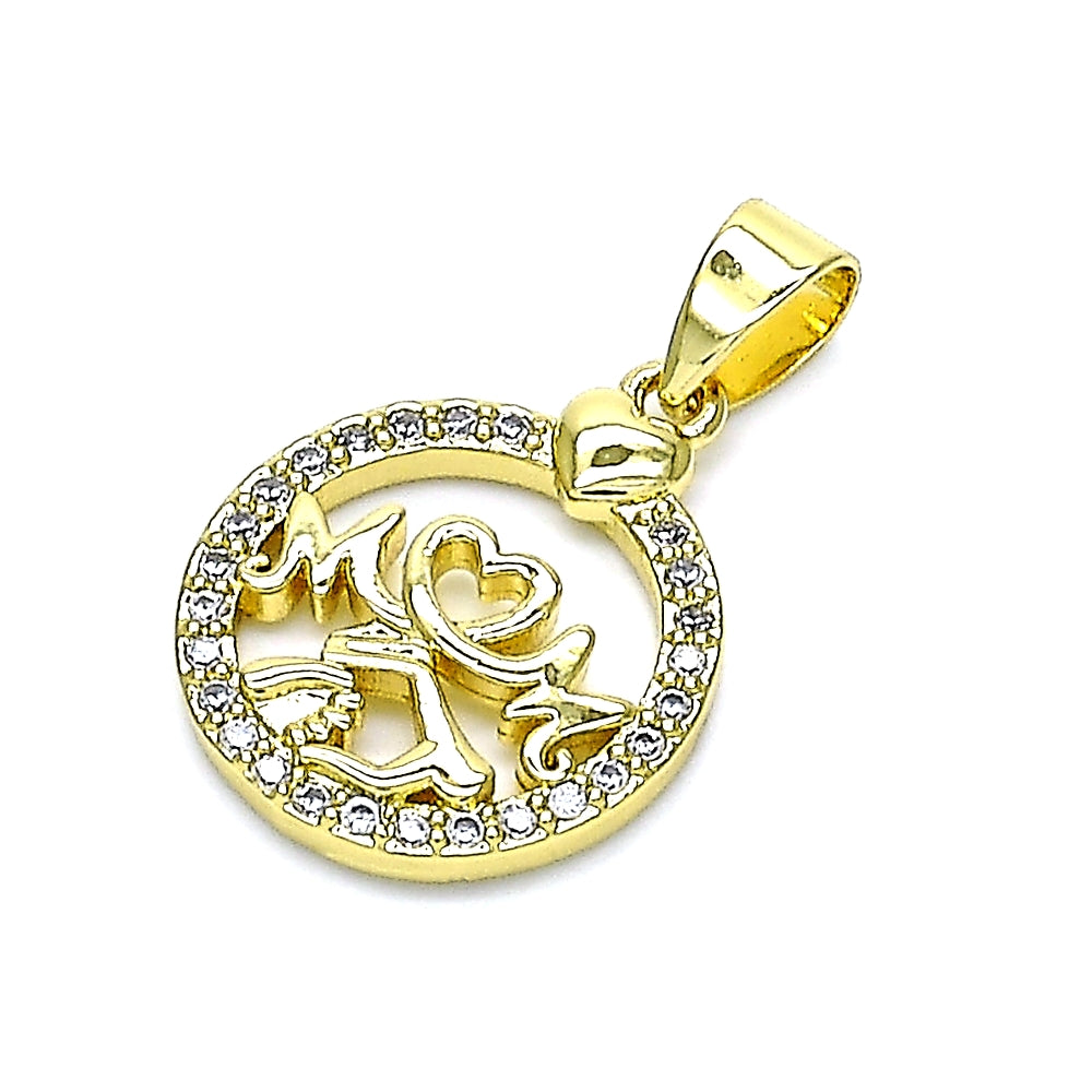 Oro Laminado Fancy Pendant, Gold Filled Style Mom and Heart Design, with White Micro Pave, Polished, Golden Finish
