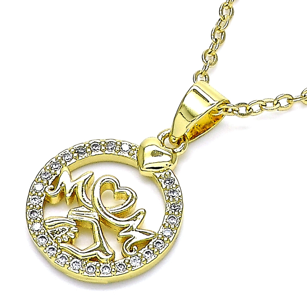 Oro Laminado Fancy Pendant, Gold Filled Style Mom and Heart Design, with White Micro Pave, Polished, Golden Finish