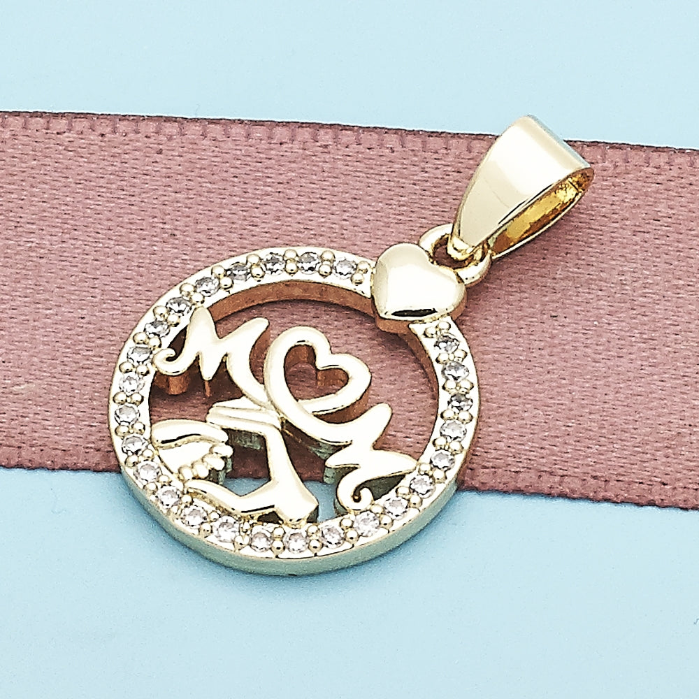 Oro Laminado Fancy Pendant, Gold Filled Style Mom and Heart Design, with White Micro Pave, Polished, Golden Finish