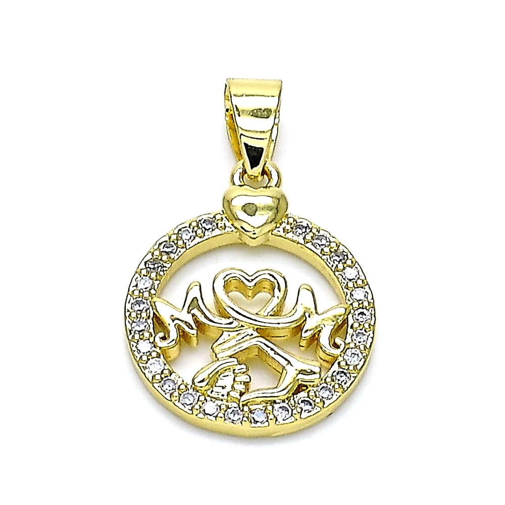 Oro Laminado Fancy Pendant, Gold Filled Style Mom and Heart Design, with White Micro Pave, Polished, Golden Finish