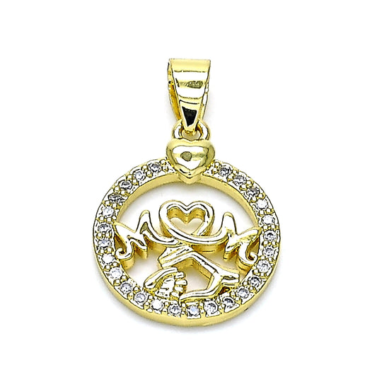 Oro Laminado Fancy Pendant, Gold Filled Style Mom and Heart Design, with White Micro Pave, Polished, Golden Finish