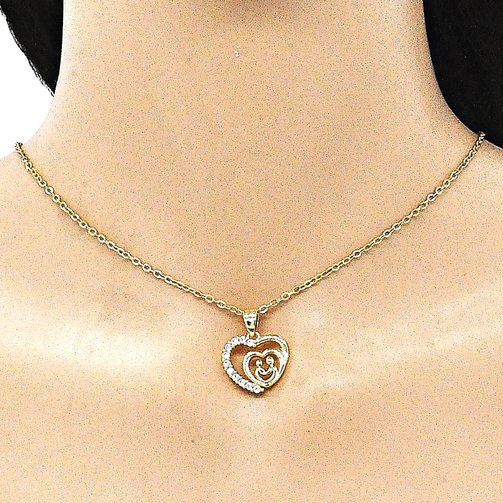 Oro Laminado Fancy Pendant, Gold Filled Style Heart Design, with White Cubic Zirconia, Polished, Golden Finish