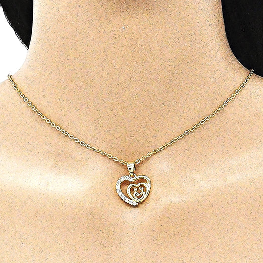 Oro Laminado Fancy Pendant, Gold Filled Style Heart Design, with White Cubic Zirconia, Polished, Golden Finish