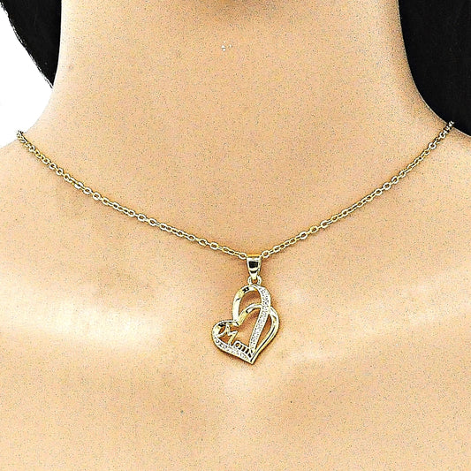 Oro Laminado Fancy Pendant, Gold Filled Style Mom and Heart Design, with White Micro Pave, Polished, Golden Finish