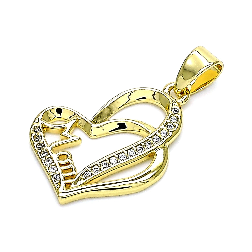 Oro Laminado Fancy Pendant, Gold Filled Style Mom and Heart Design, with White Micro Pave, Polished, Golden Finish