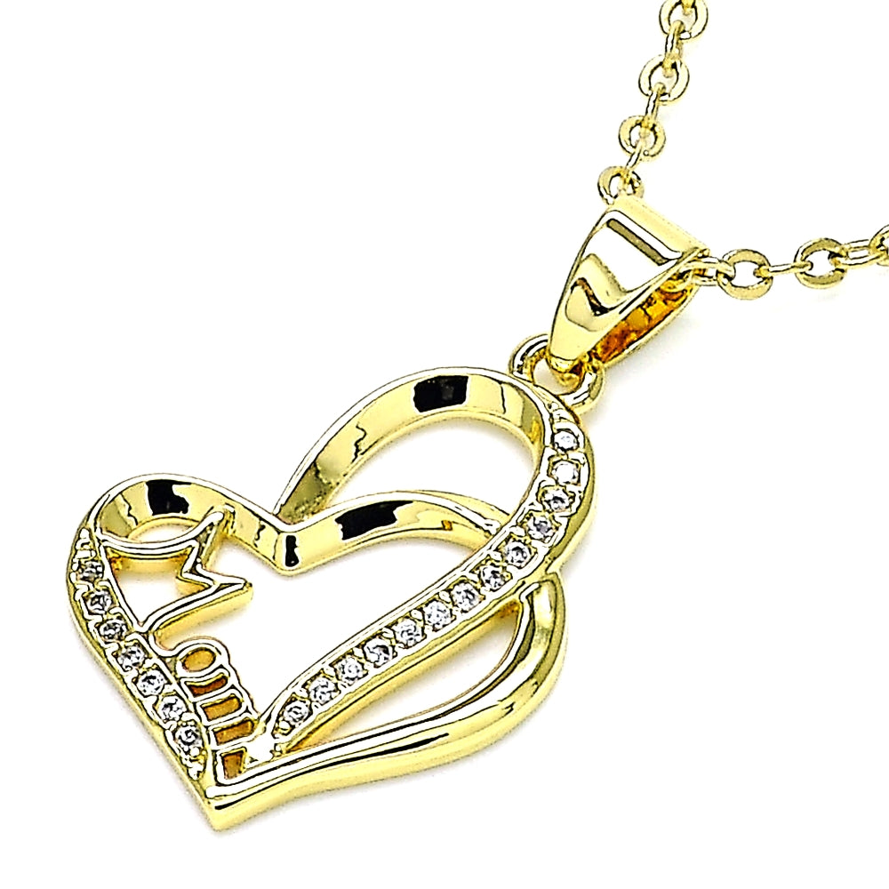 Oro Laminado Fancy Pendant, Gold Filled Style Mom and Heart Design, with White Micro Pave, Polished, Golden Finish