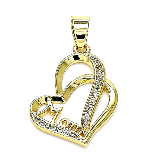 Oro Laminado Fancy Pendant, Gold Filled Style Mom and Heart Design, with White Micro Pave, Polished, Golden Finish