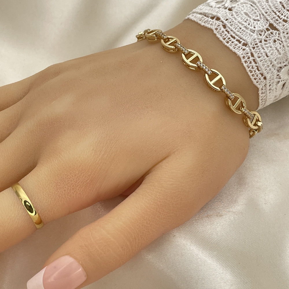 Oro Laminado Fancy Bracelet, Gold Filled Style Puff Mariner Design, with White Micro Pave, Polished, Golden Finish
