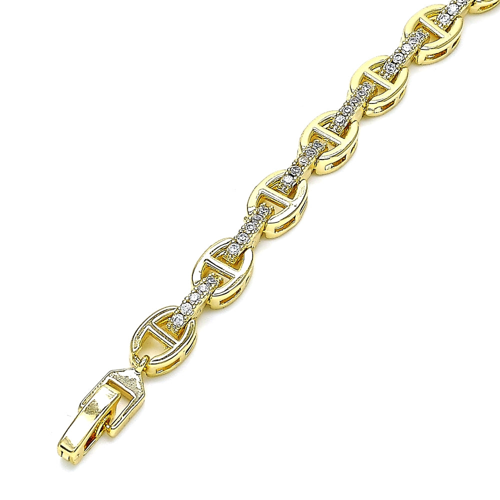 Oro Laminado Fancy Bracelet, Gold Filled Style Puff Mariner Design, with White Micro Pave, Polished, Golden Finish
