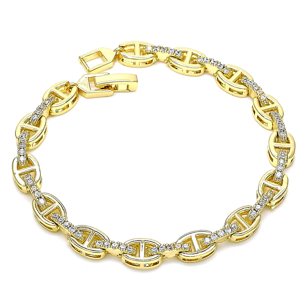 Oro Laminado Fancy Bracelet, Gold Filled Style Puff Mariner Design, with White Micro Pave, Polished, Golden Finish