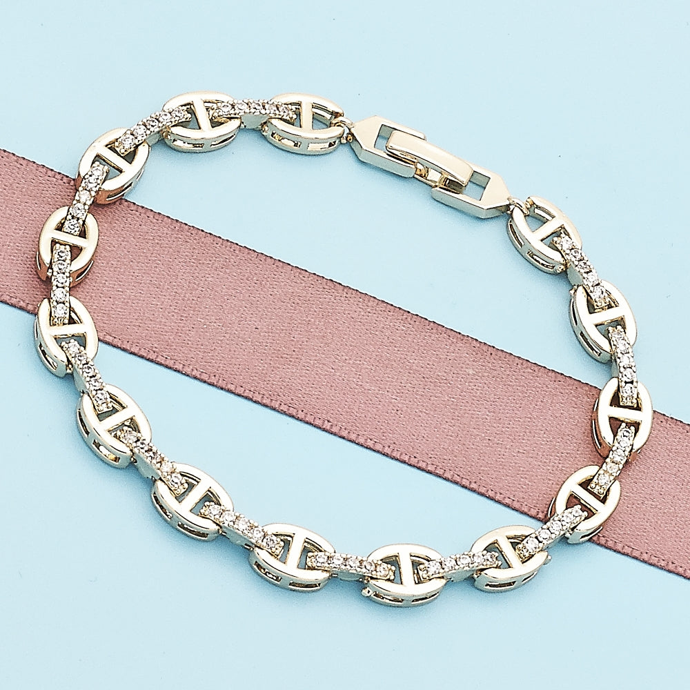 Oro Laminado Fancy Bracelet, Gold Filled Style Puff Mariner Design, with White Micro Pave, Polished, Golden Finish