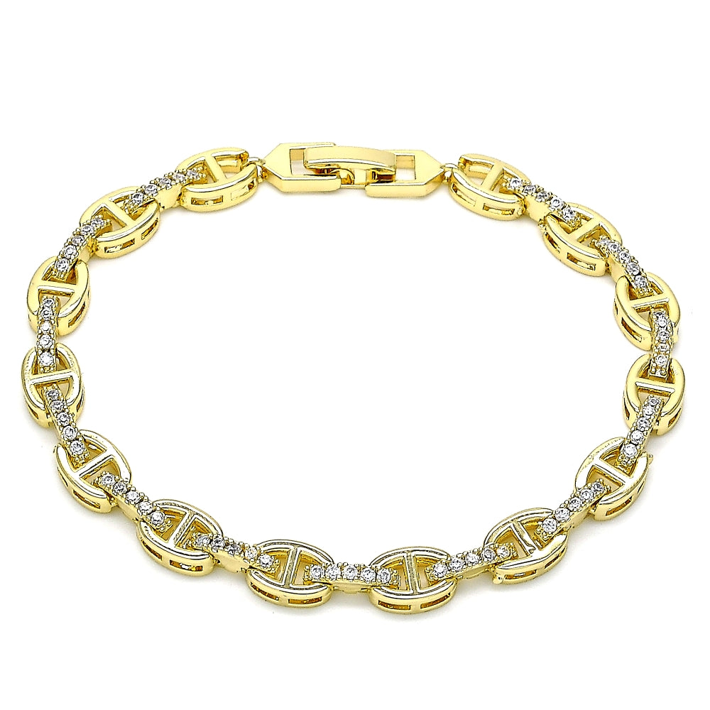 Oro Laminado Fancy Bracelet, Gold Filled Style Puff Mariner Design, with White Micro Pave, Polished, Golden Finish