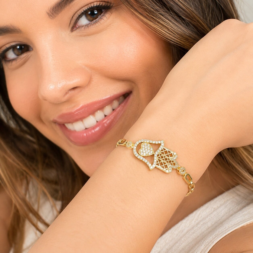 Oro Laminado Fancy Bracelet, Gold Filled Style Judaica and Hand of God Design, with White Micro Pave, Polished, Golden Finish