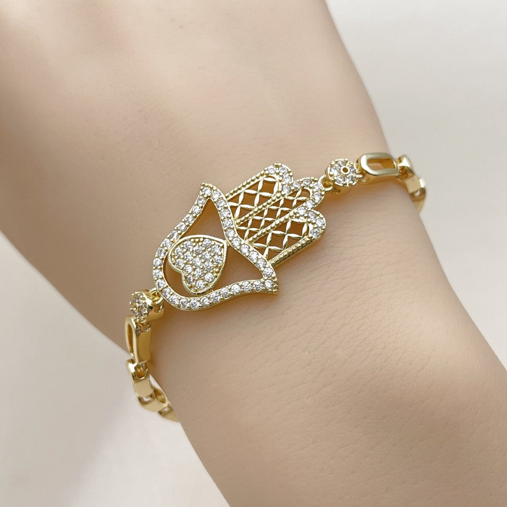 Oro Laminado Fancy Bracelet, Gold Filled Style Judaica and Hand of God Design, with White Micro Pave, Polished, Golden Finish